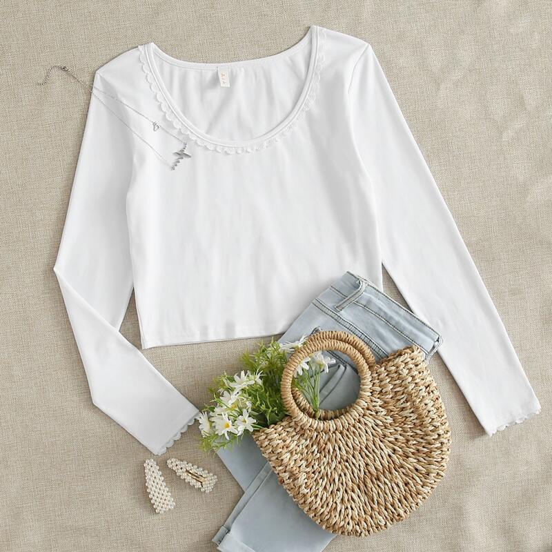 

Lace Trim Solid Tee, White