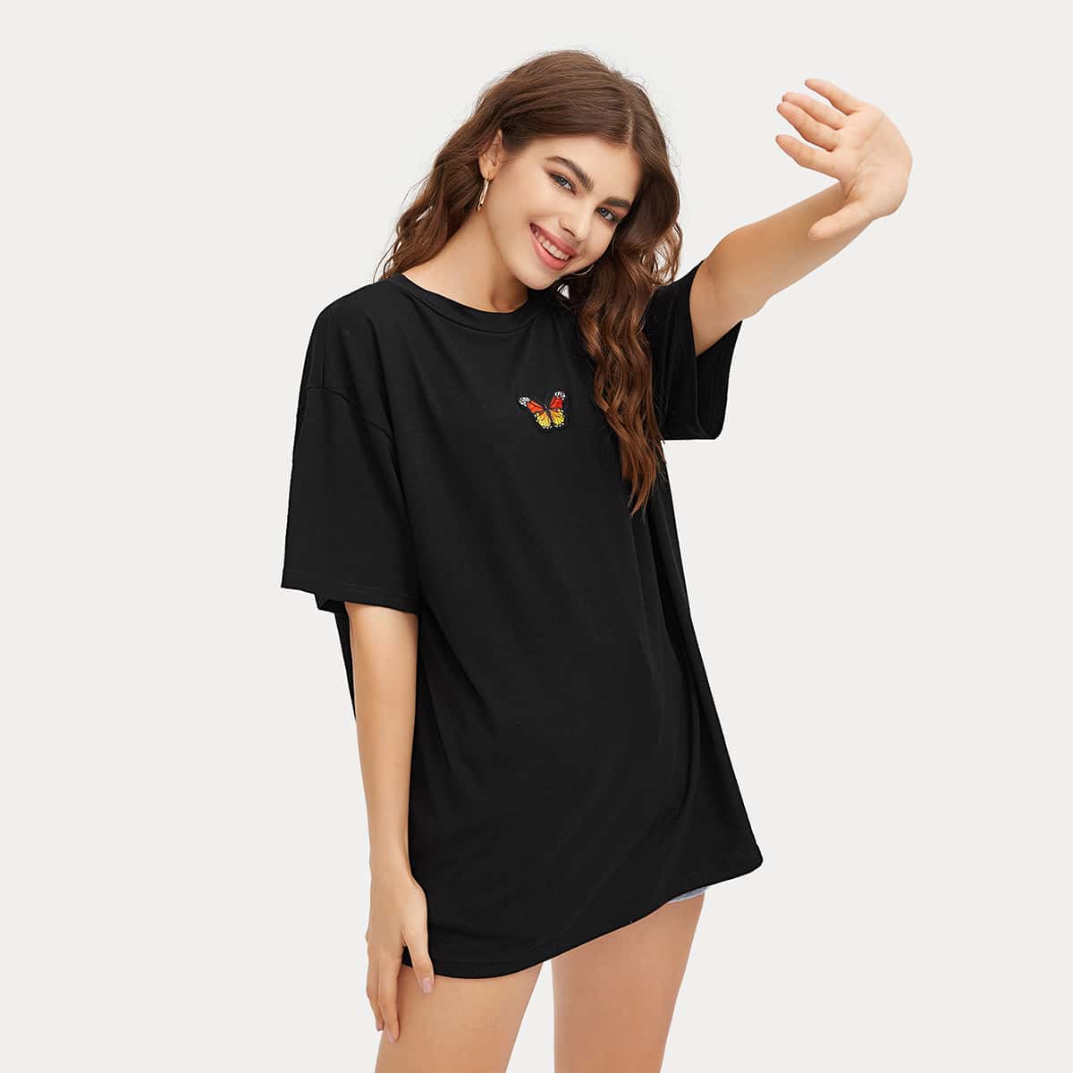 

Butterfly Embroidery Oversized Tee, Black