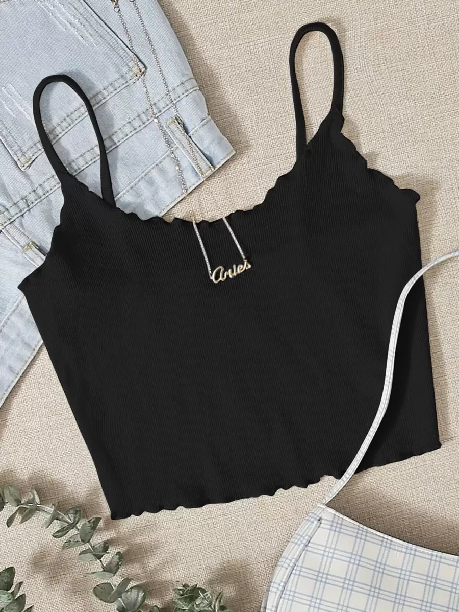 Muchica Lettuce Trim Rib-knit Crop Cami Top - Black - View 1