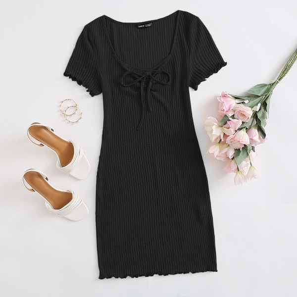 

Ruched Knot Front Lettuce Trim Rib-knit Dress, Black
