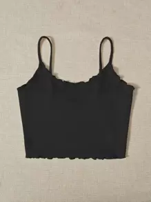 Muchica Lettuce Trim Rib-knit Crop Cami Top - Black - View 5