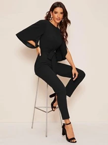 SHEIN جمبسوت بحزام وبلون موحد مع اكمام مشقوق - الأسود - مشاهدة 1