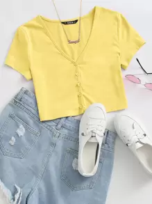 SHEIN Qutie Button Front Crop Top - Yellow - View 1