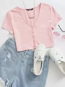 Muchica Top corto con botón delantero - Rosa Pálido - Ver 2