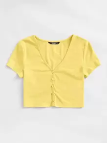 SHEIN Qutie Button Front Crop Top - Yellow - View 3