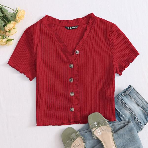 

Button Front Lettuce Trim Rib-knit Tee, Rose red