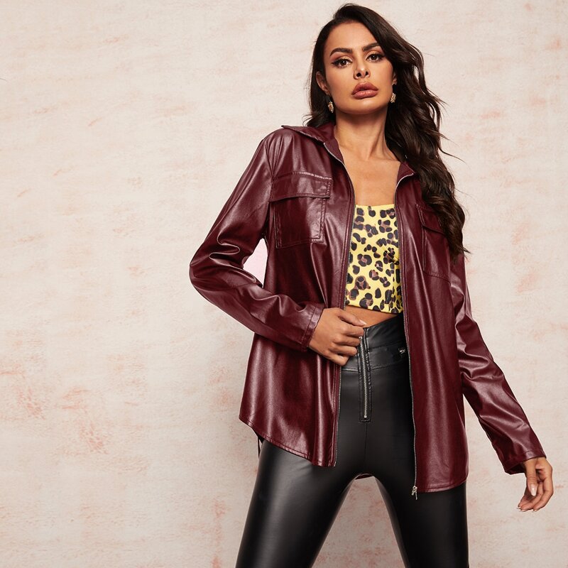 

Pocket Patched Zipper Up Belted PU Leather Coat, Maroon