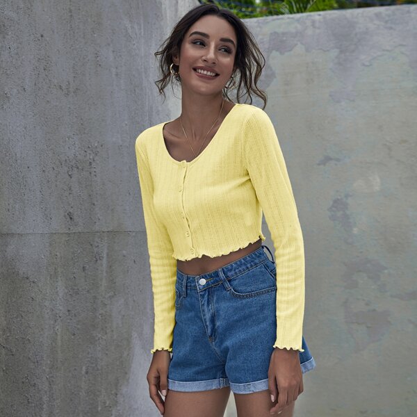 

Button Front Lettuce Trim Crop Top, Yellow