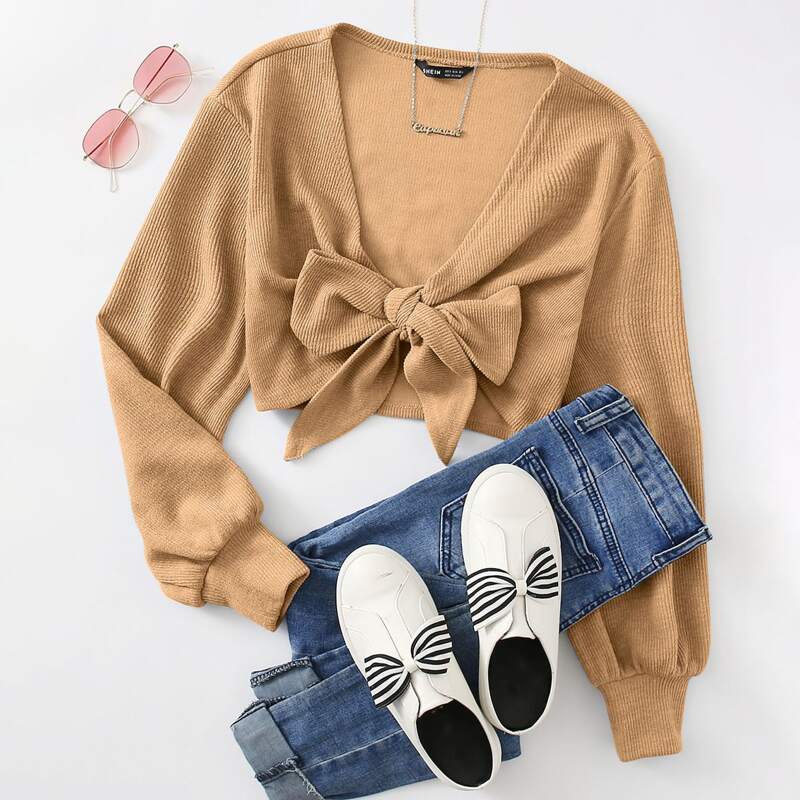 

Tie Knot Rib-knit Crop Top, Khaki