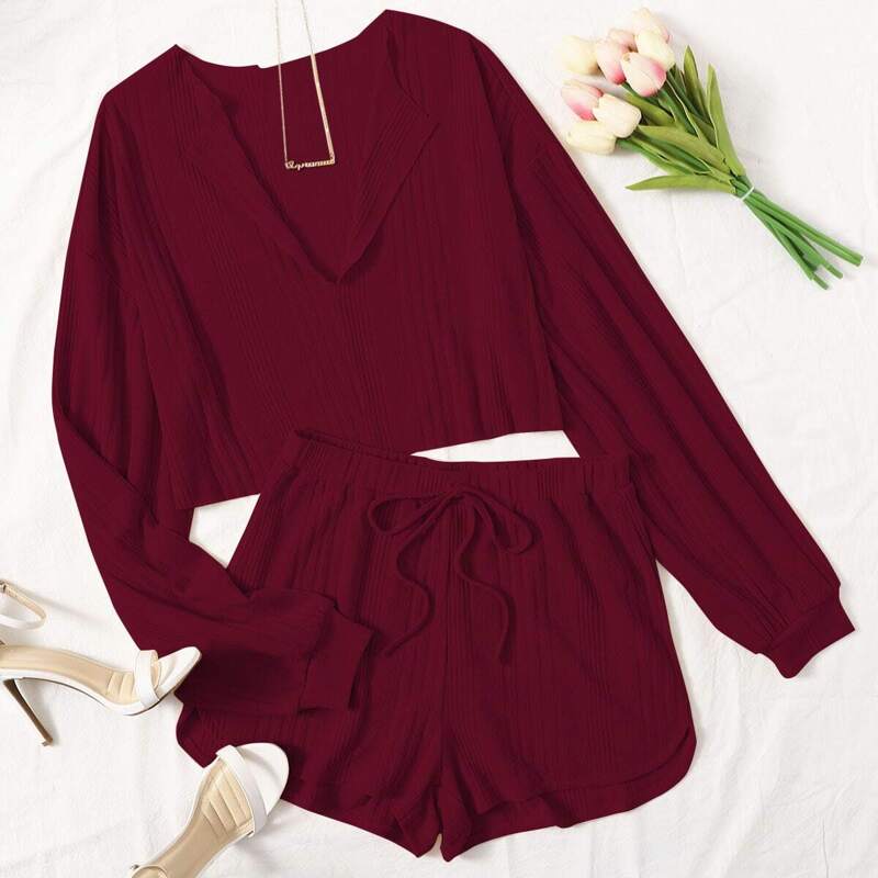 

Drop Shoulder Notched Neck Top & Shorts Set, Maroon