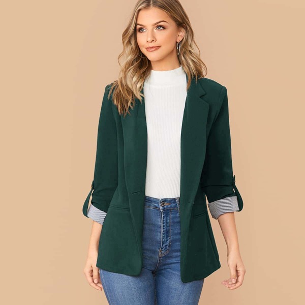 

Notched Collar Roll Tab Sleeve Blazer, Dark green