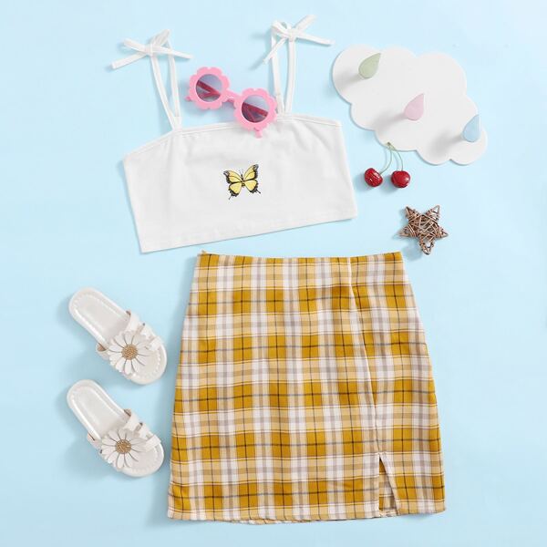 

Girls Knot Strap Butterfly Print Cami Top & Split Hem Tartan Skirt Set, Multicolor