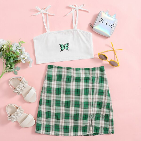 

Girls Knot Strap Butterfly Print Cami Top & Split Hem Tartan Skirt Set, Multicolor