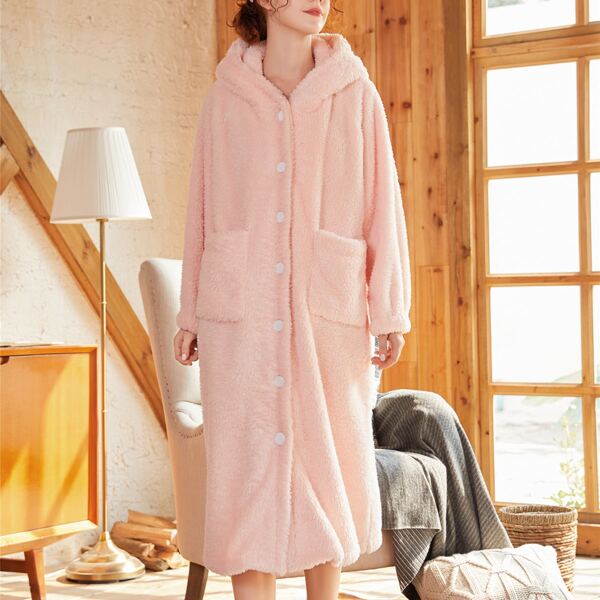 

Plush Dual Pocket Button Up Hooded Robe, Baby pink