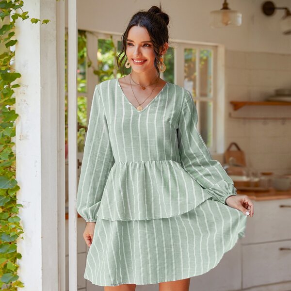 

Striped Print Layered Hem Dress, Mint green