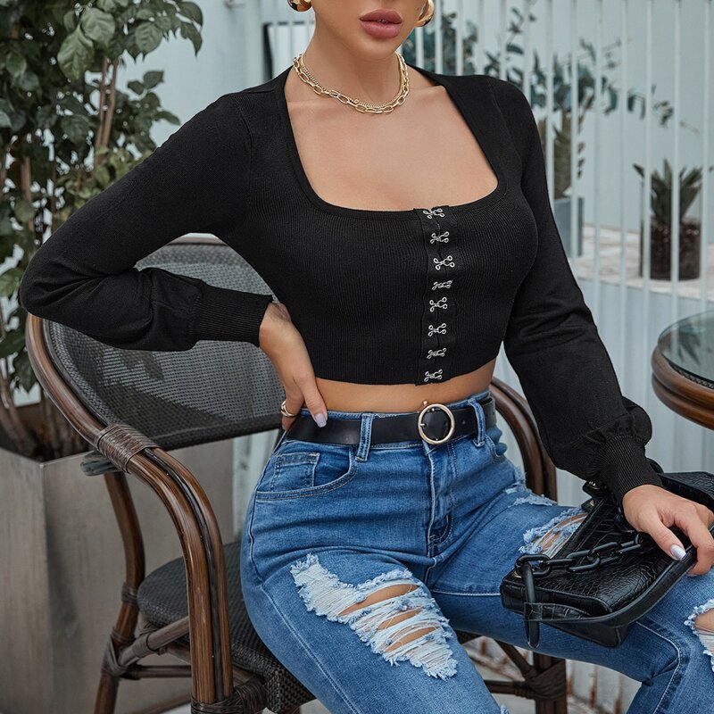 

Hook and Eye Front Tied Open Back Crop Cardigan, Black