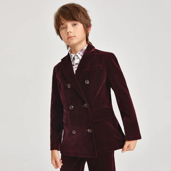 

Boys Double Button Solid Velvet Blazer, Maroon
