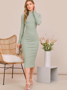 SHEIN Privé 小高領素色鉛筆連衣裙 - 薄荷綠 - 查看 5