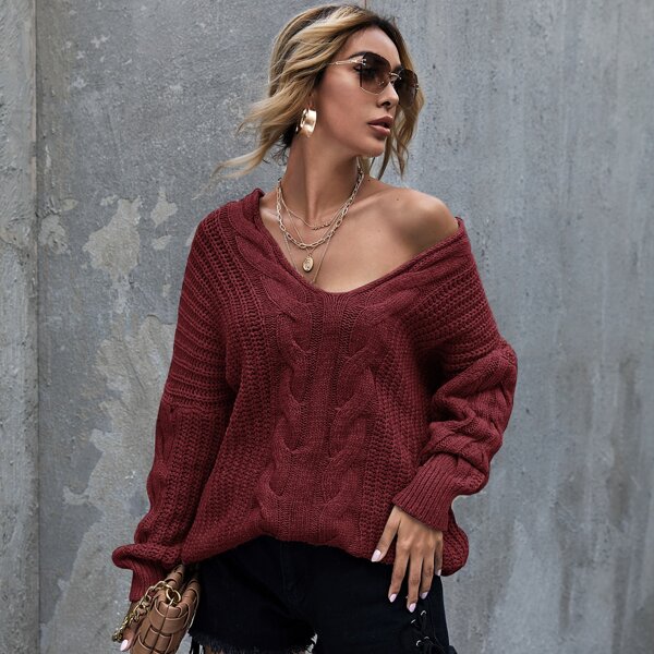 

Cable Knit Solid Oversized Sweater, Maroon