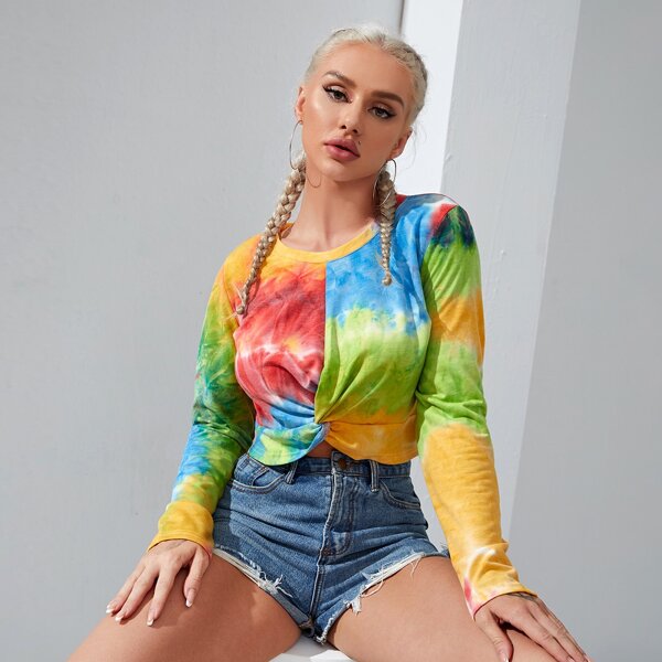

Tie Dye Twist Hem Crop Tee, Multicolor