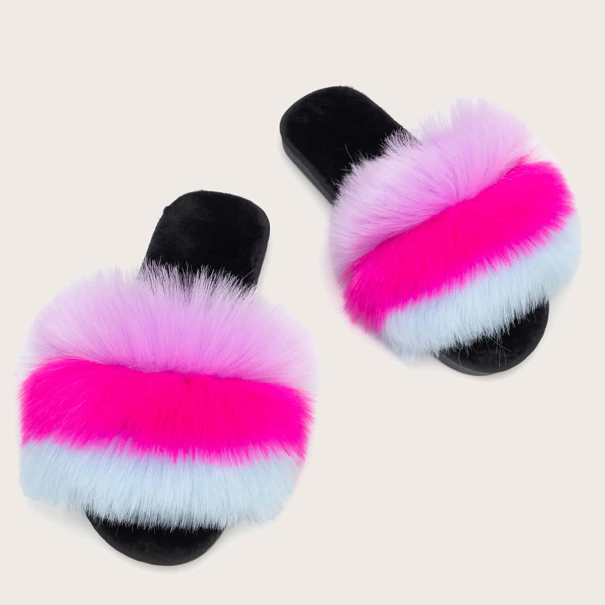 

Colorblock Faux Fur Decor Slippers, Multicolor