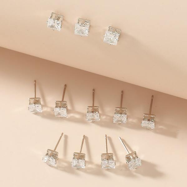 

6pairs Rhinestone Square Shaped Stud Earrings, Silver