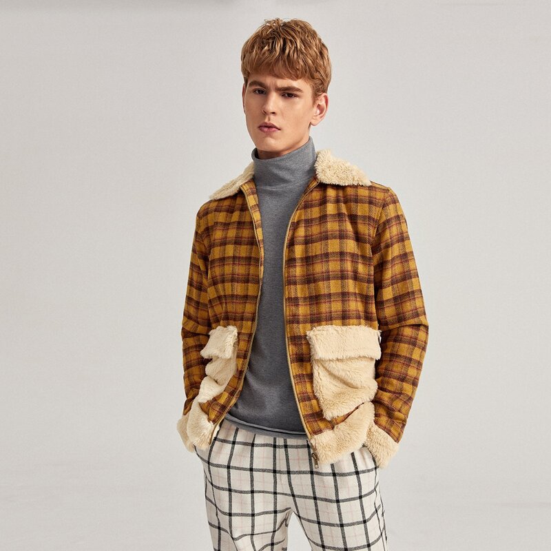 

Guys Flap Pocket Tartan Shearling Jacket, Multicolor