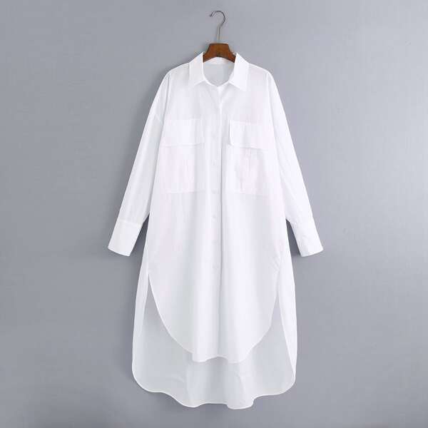 

Flap Pocket High Low Hem Shirt Dress, White
