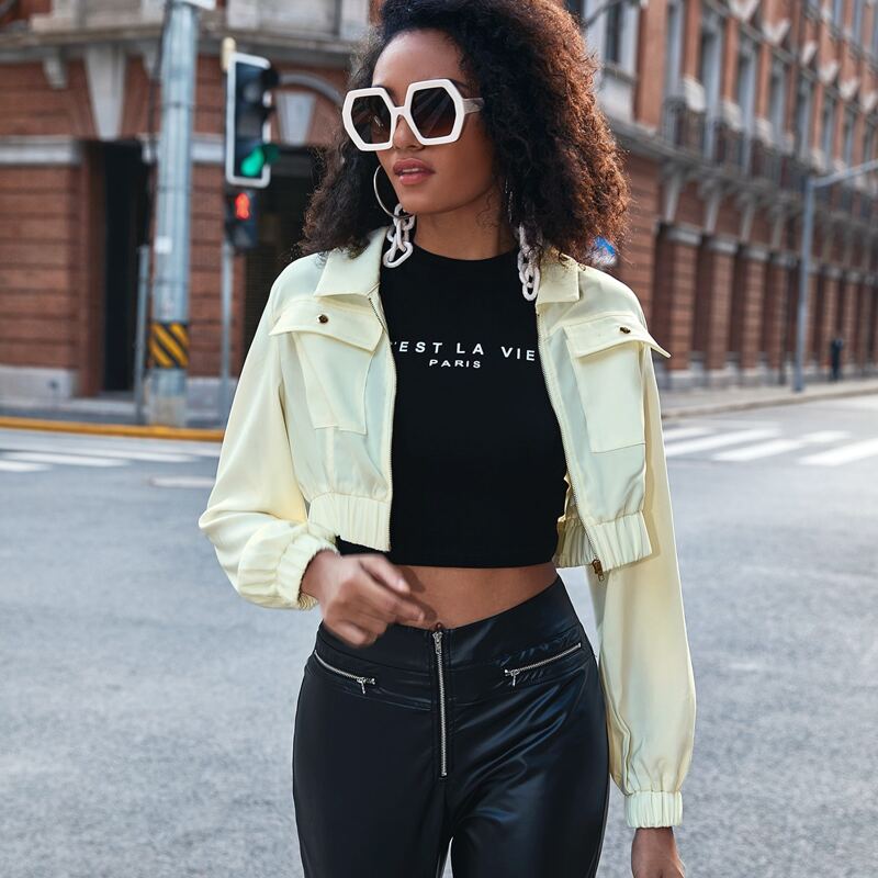 

Solid Flap Pocket Crop Jacket, Beige