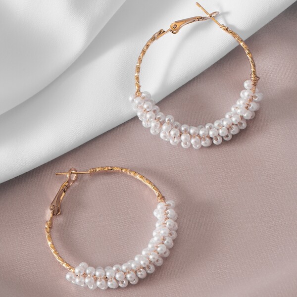 

Faux Pearl Hoop Earrings, Gold