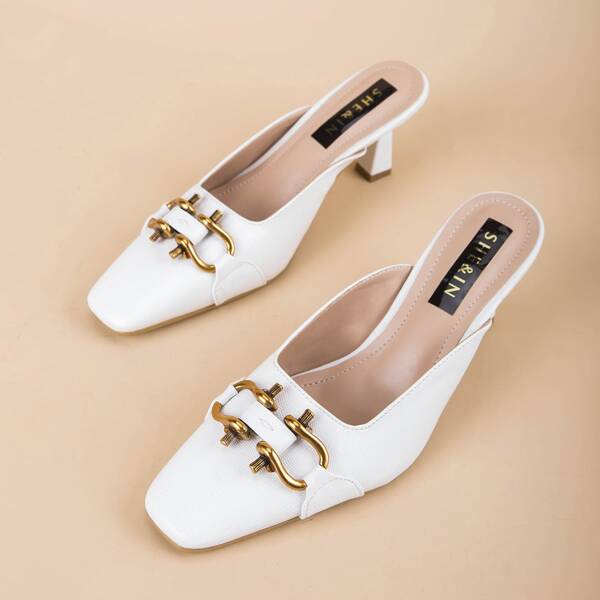 

Metal Decor Heeled Mules, White