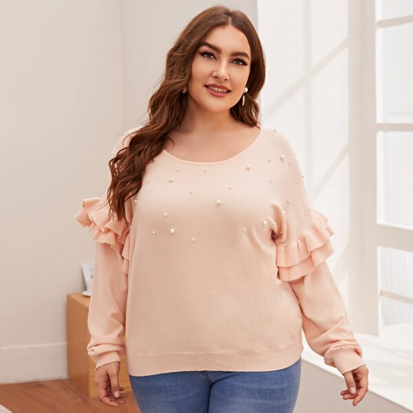 

Plus Pearls Beaded Frill Trim Sweater, Pastel baby pink