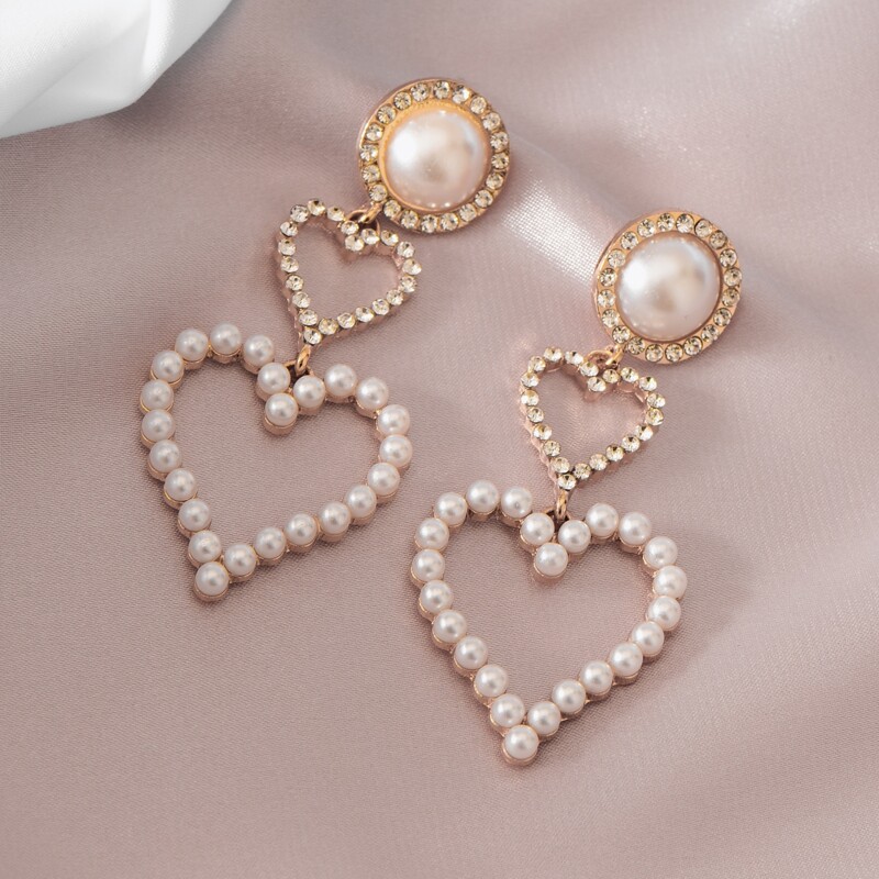 

Faux Pearl Heart Drop Earrings, Gold