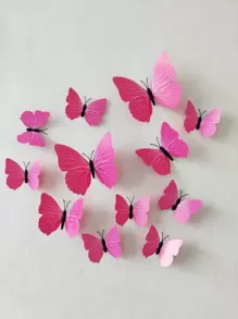 12pcs/Set 3D Butterfly Wall Sticker, Simple Plastic Butterfly Sticker For Home Decoration, Stickers, Wall Decal, Vinyl Decal For Home Decorations, Spring Decoration Items Refresh Your Home, Rama Decoration Stickers Gifts Birthday Graduation - Pink - View 3