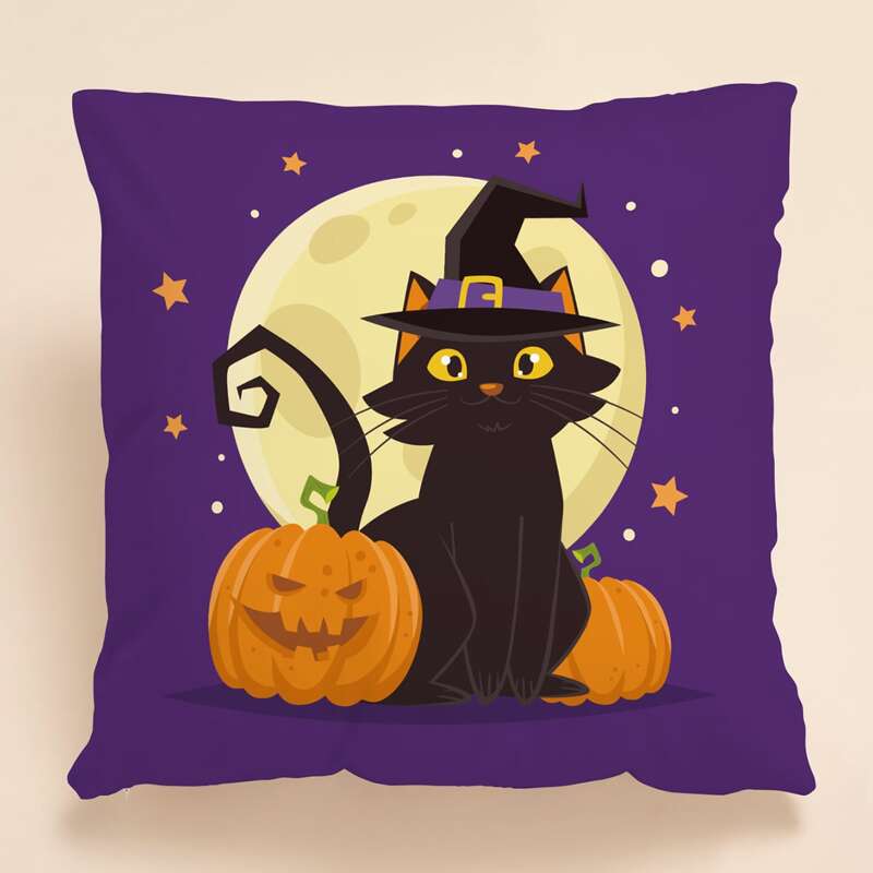 

Halloween Cat Print Cushion Cover Without Filler, Multicolor