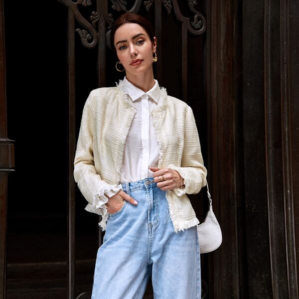 

Frayed Trim Tweed Jacket, Beige