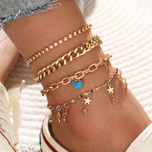 

4pcs Heart Charm Anklet, Multicolor