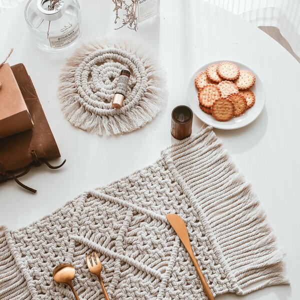 

1pc Woven Tassel Placemat, Beige