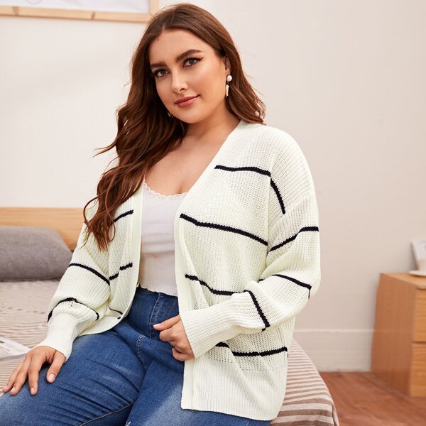 

Plus Drop Shoulder Stripe Cardigan, Beige