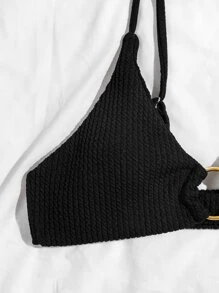 SHEIN Swim 紋理質感比基尼套裝環鏈文胸和丁字褲下裝2入組泳衣 - 黑色 - 查看 5