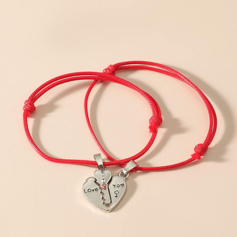 

2pcs Heart Charm Bracelet, Red