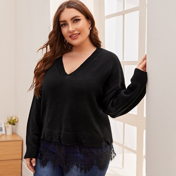 

Plus Lace Panel Ripped Drop Shoulder Sweater, Black