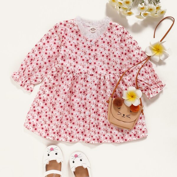 

Baby Girl Ditsy Floral Frill Neck Smock Dress, Baby pink