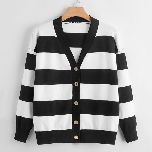 

Plus Striped Button Up Drop Shoulder Cardigan, Black and white