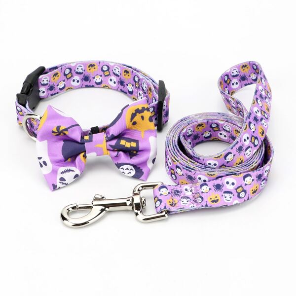 

1pc Dog Halloween Pattern Collar & 1pc Leash, Purple