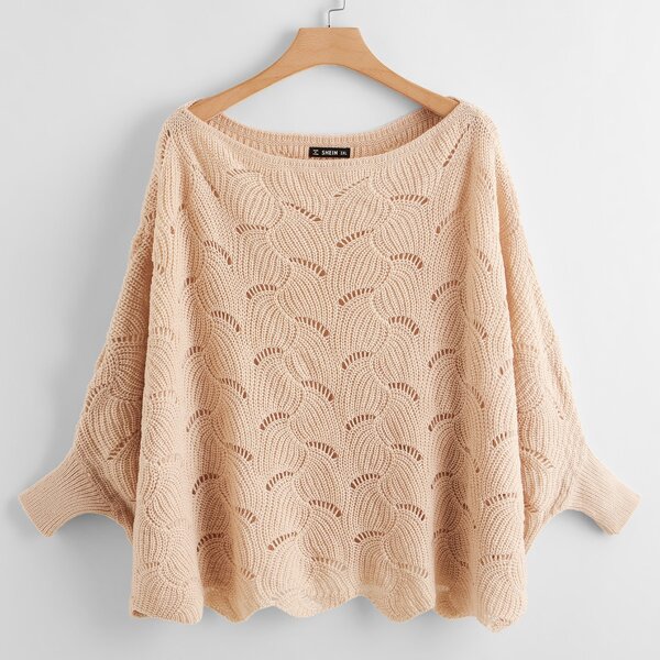 

Plus Scallop Edge Open Knit Poncho, Apricot