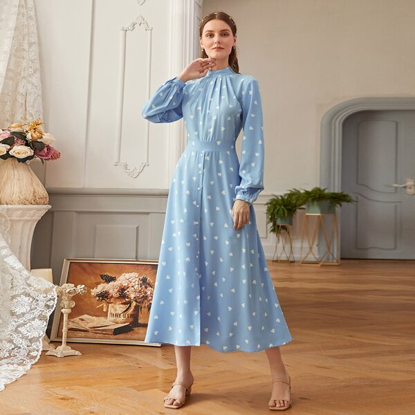

Heart Print Mock Neck Zipper Back Dress, Baby blue