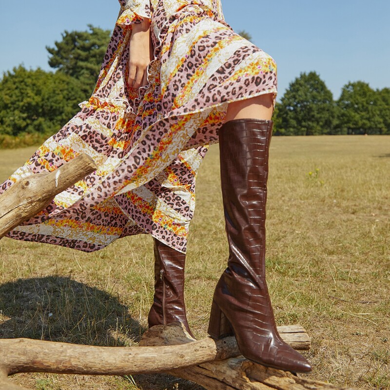 

Point Toe Croc Embossed Chunky Heeled Knee Boots, Brown