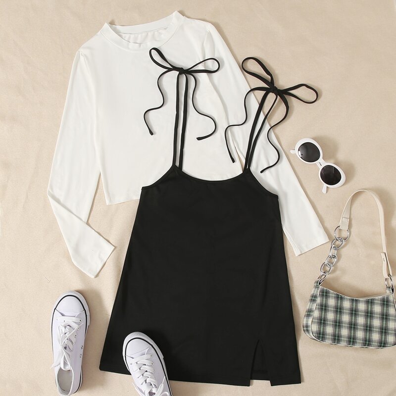 

Solid Tee With Tie Shoulder Suspender Skirt, Black and white