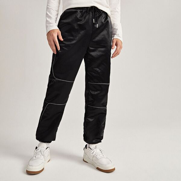 

Men Drawstring Waist Contrast Piping Wind Joggers, Black